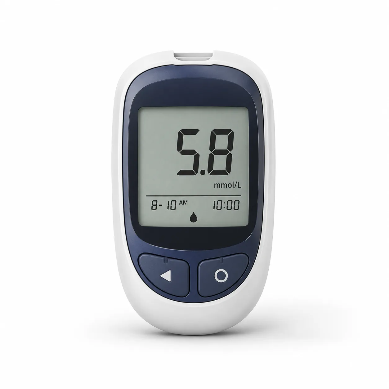Handheld blood glucose meter displaying a reading in mmol/L